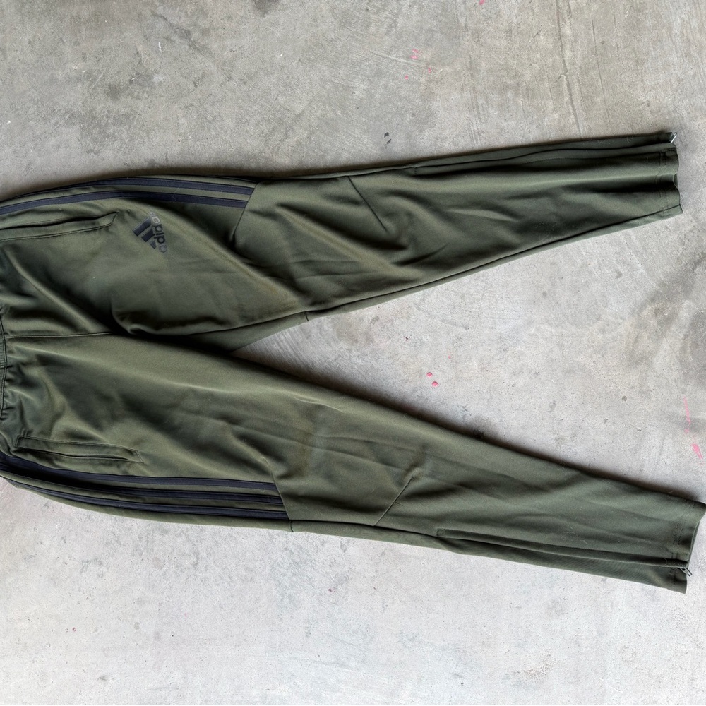 Adidas Men's Dark Green Joggers with Black Stripes